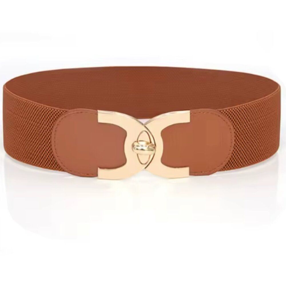 Wide Stretch Waist Belt – Brown with Gold Clasp | Size: S/M/L